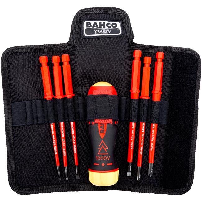 Snap On Bahco 6 Piece Insulated Ratcheting Screwdriver with Slotted and Philips Interchangeable Blade Set from GME Supply